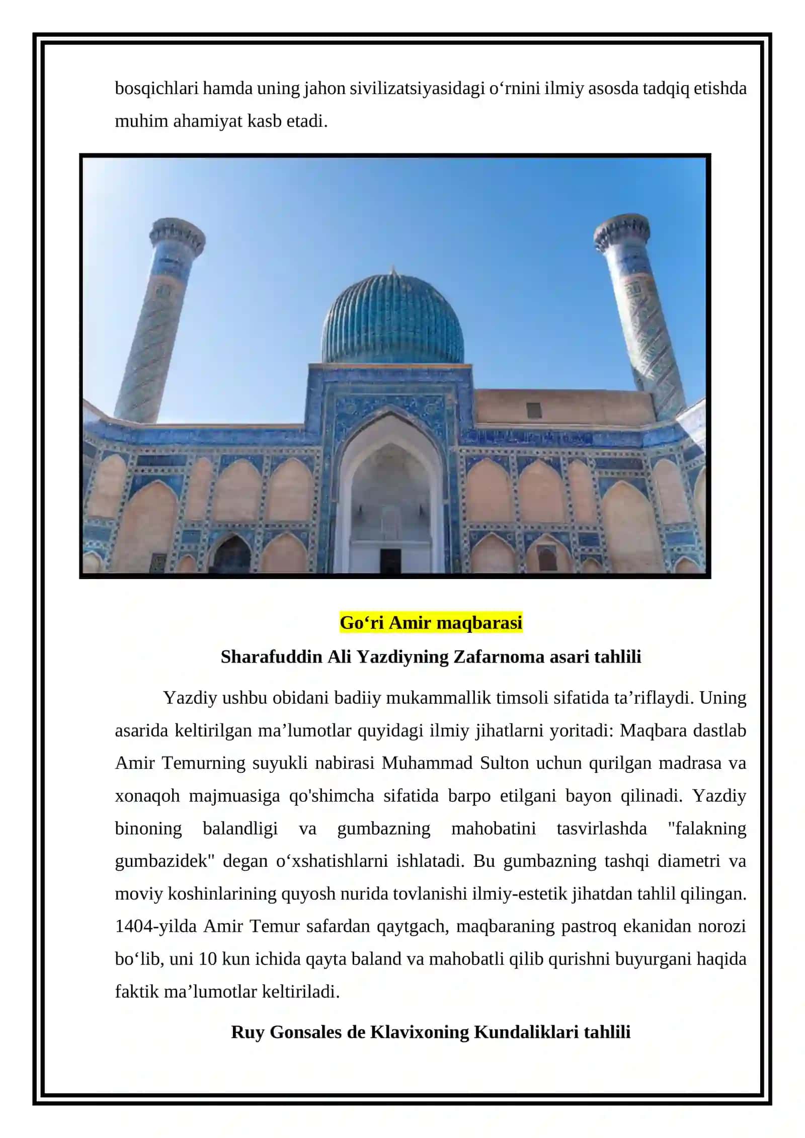 Temur va temuriylar davri me’moriy yodgorliklari mavzusiga oid manbalar tahlili va adabiyotlar sharhini tayyorlash 2