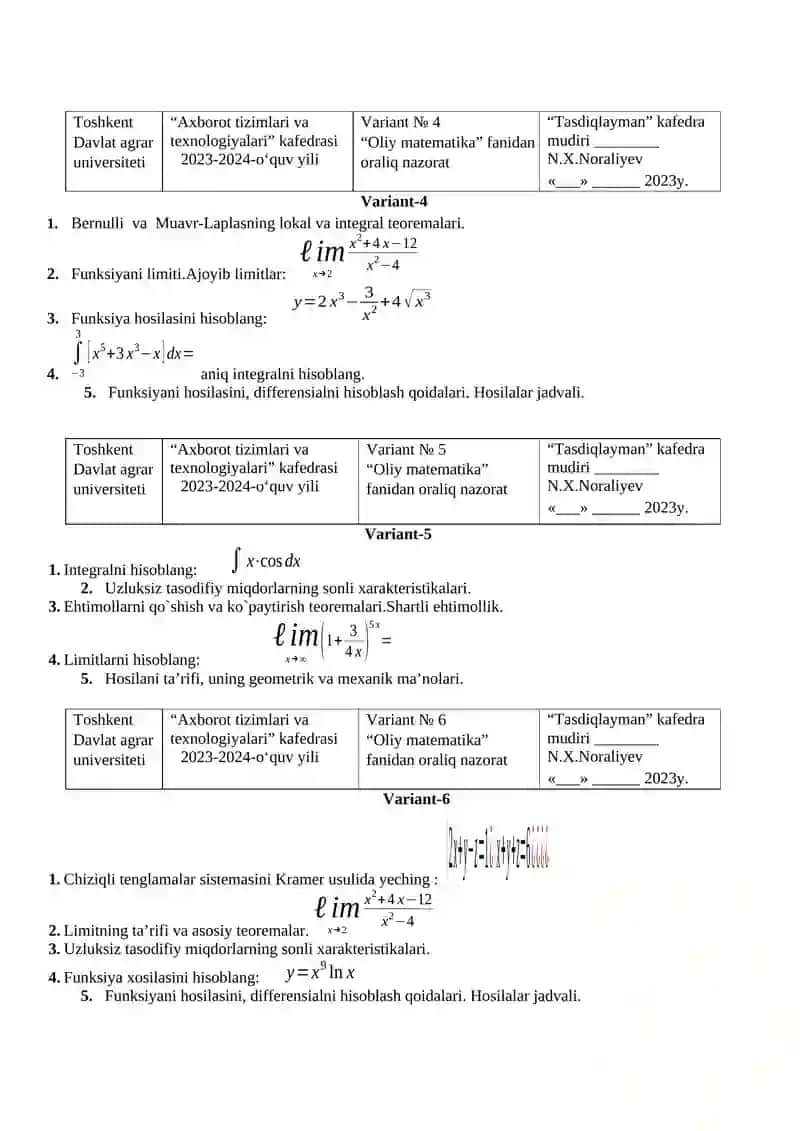 OLIY MATEMATIKA FANIDAN ORALIQ NAZORAT VARIANTLARI 2