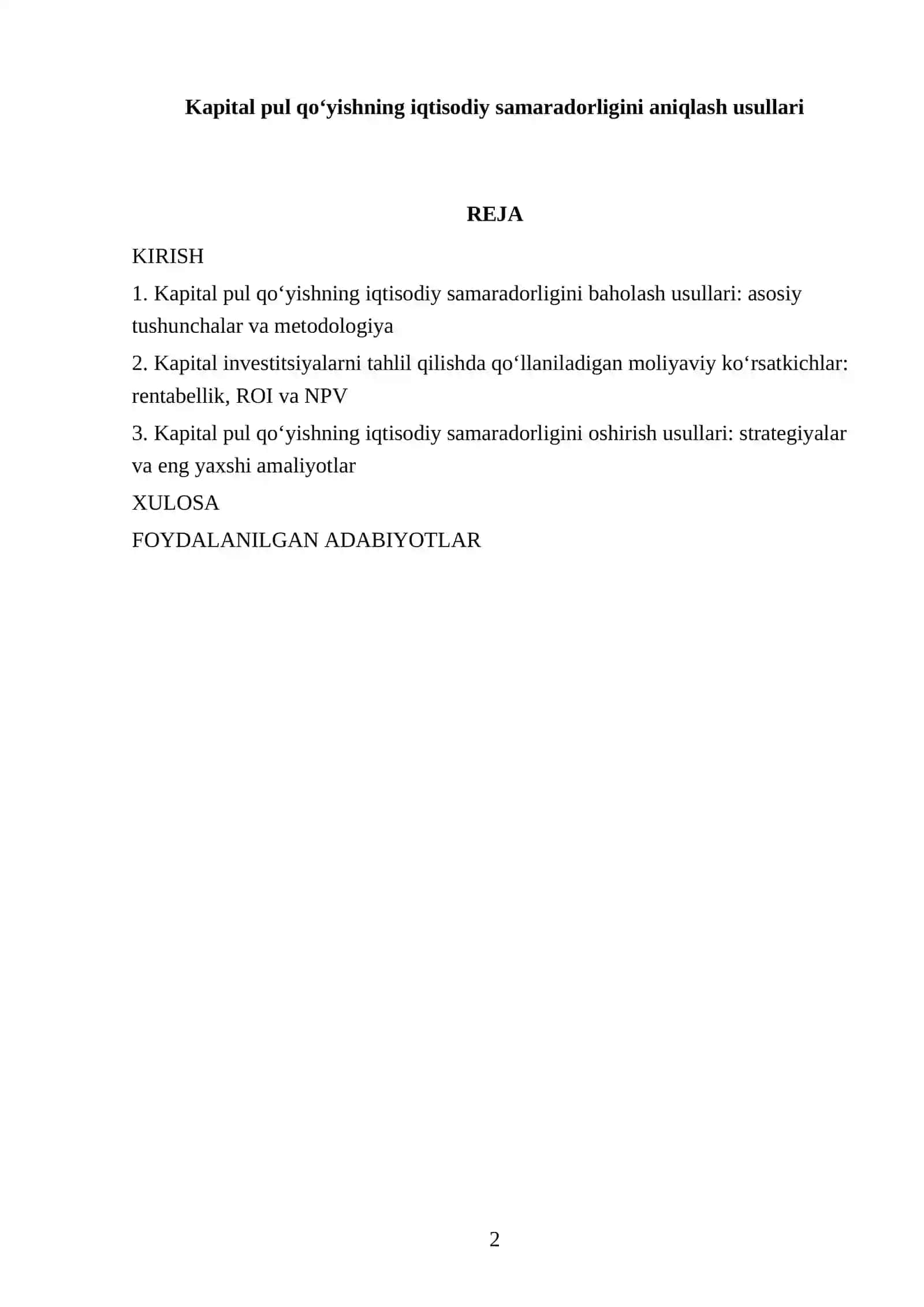 Kapital pul qo‘yishning iqtisodiy samaradorligini aniqlash usullari 2
