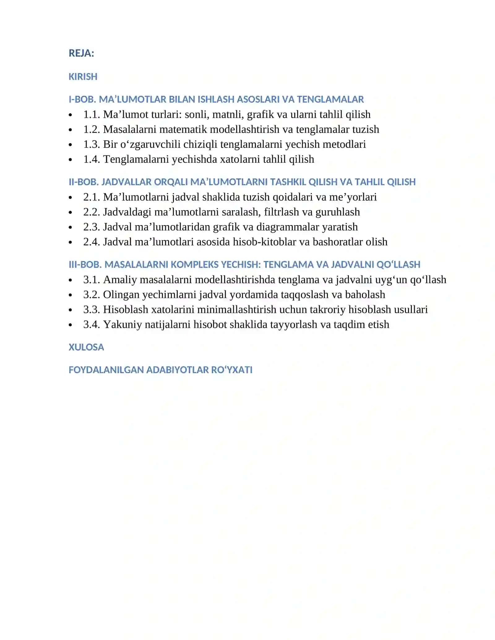 Maʼlumotlar bilan ishlash.Masalani tenglama va jadval tuzib yechish 2