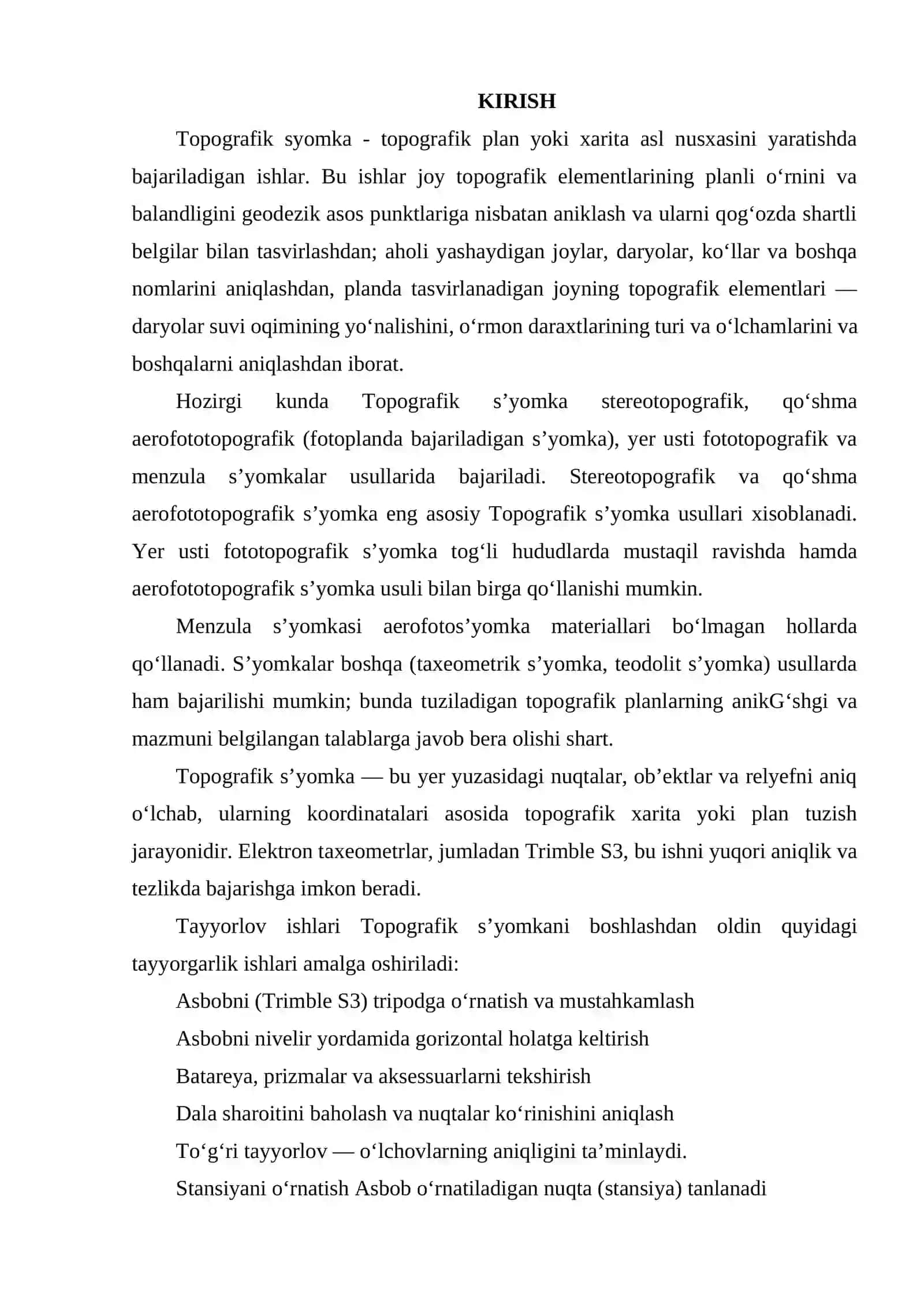 TRIMBLE S3 ELEKTRON TAXEOMETRIDA TOPOGRAFIK S`YOMKA ISHLARINI BAJARISH. 2