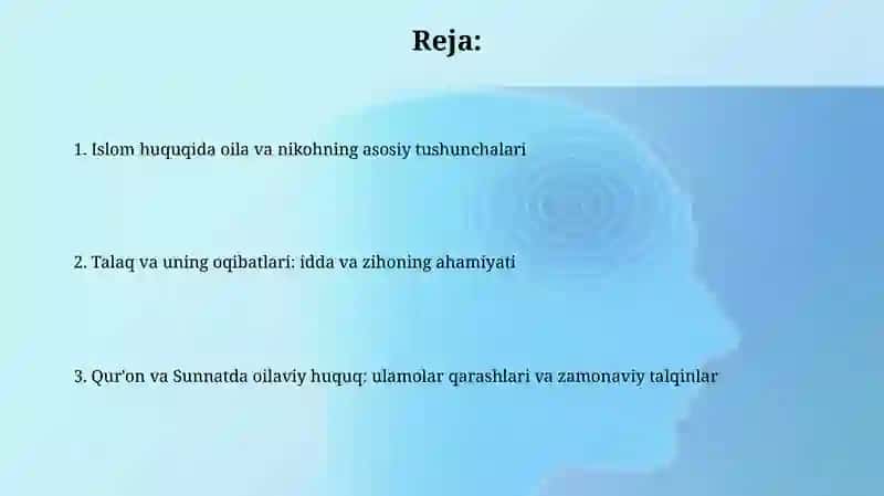 Mavzu: Islom huquq shinosligida oila,nikoh,taloq,idda,zihor tushunchalarini tariflash 2