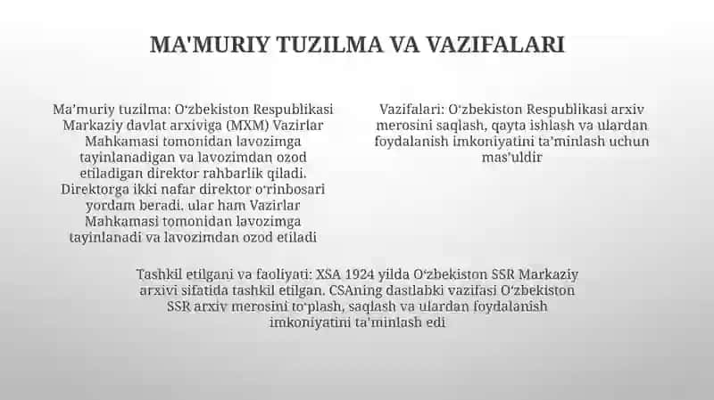 OʻZbekiston Respublikasi Markaziy Davlat Arxivining Tashkil Topishi Va Faoliyati 3