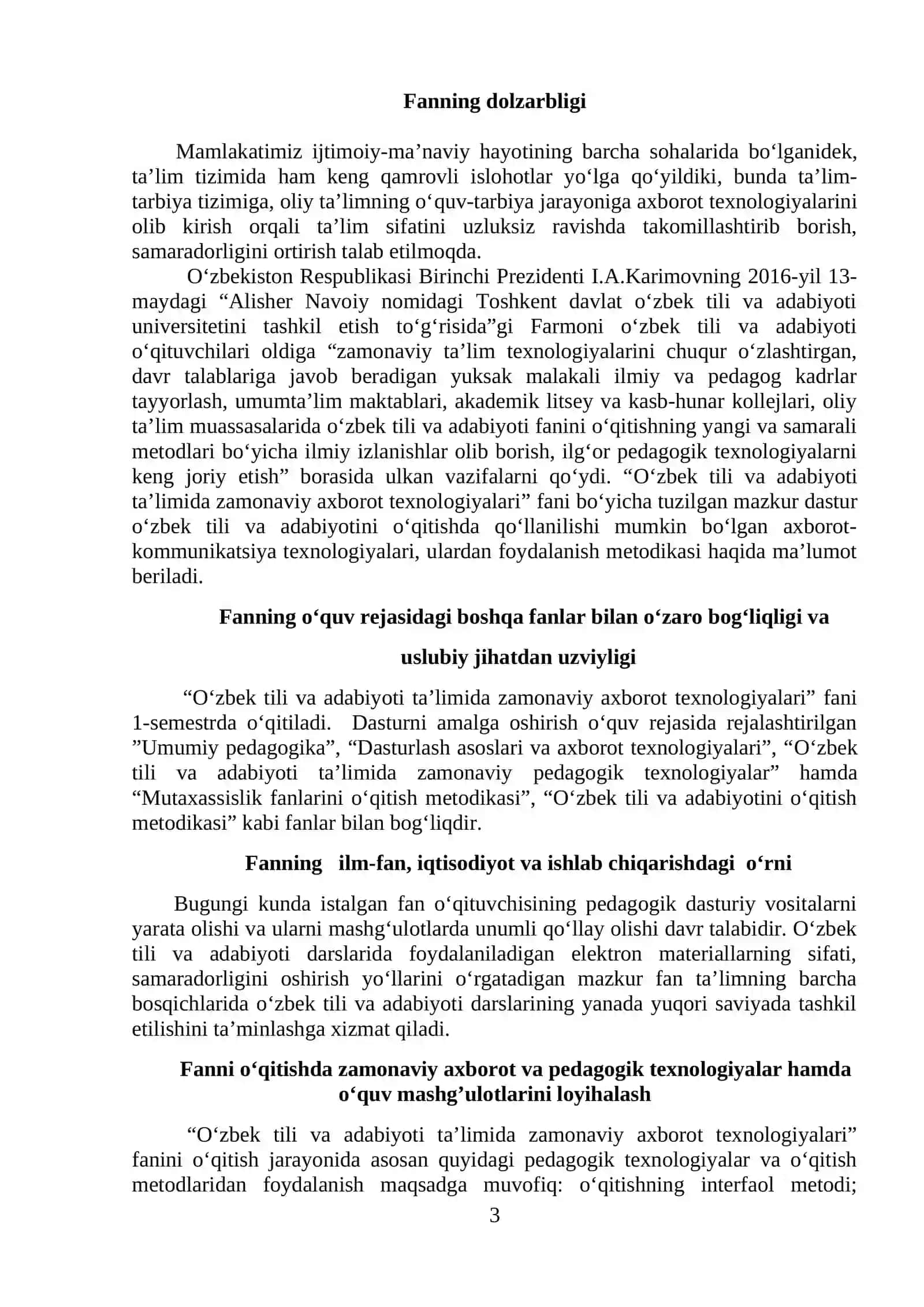 O‘ZBEK TILI VA ADABIYOTI TA’LIMIDA ZAMONAVIY AXBOROT TEXNOLOGIYALARI fanidan ISHCHI-O‘QUV DASTURI 3