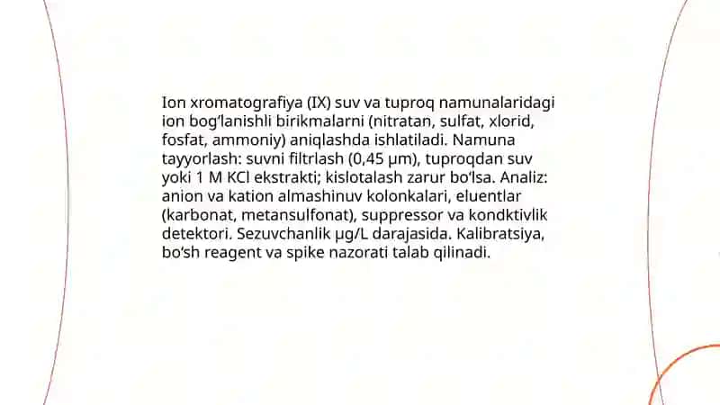 Suv va tuproq ifloslanishida ion bog'lanishli birikmalarni aniqlash va ulardan tozalash usullarini taklif qilish 3
