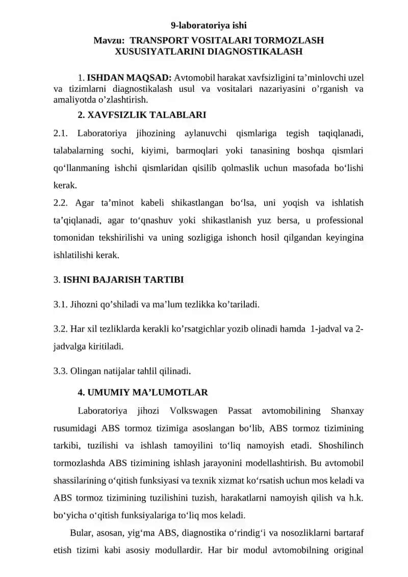 Transport vositalari tormozlash xususiyatlarini diagnostikalash 3