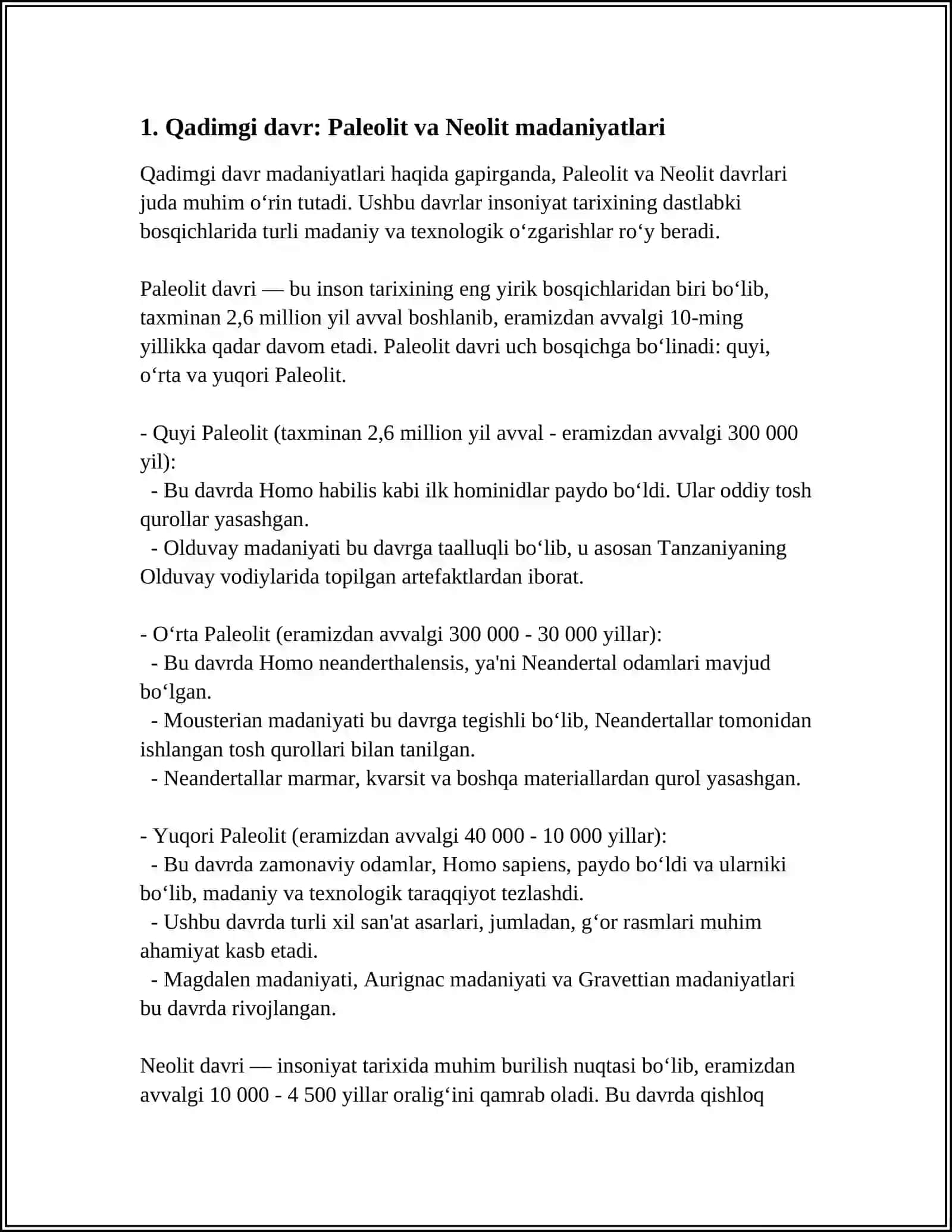 Qadimgi davr: Paleolit va Neolit madaniyatlari 3