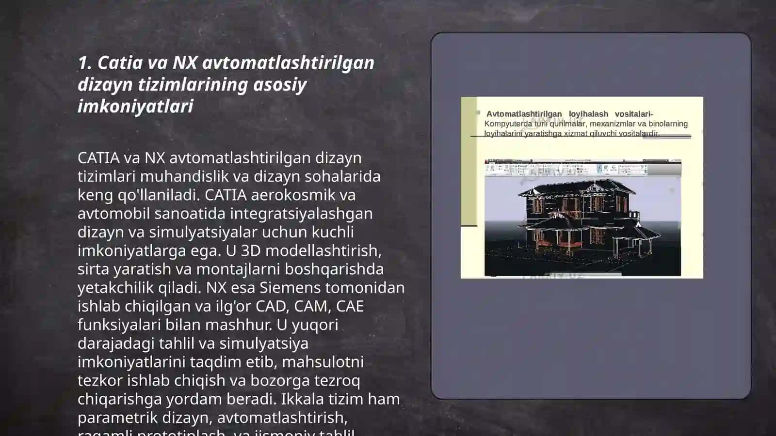 Catia va Nx avtomatlashtirilgan loyihalash tizimlarining imkoniyatlari va mashinasozlikda qoʻllanilishi 3