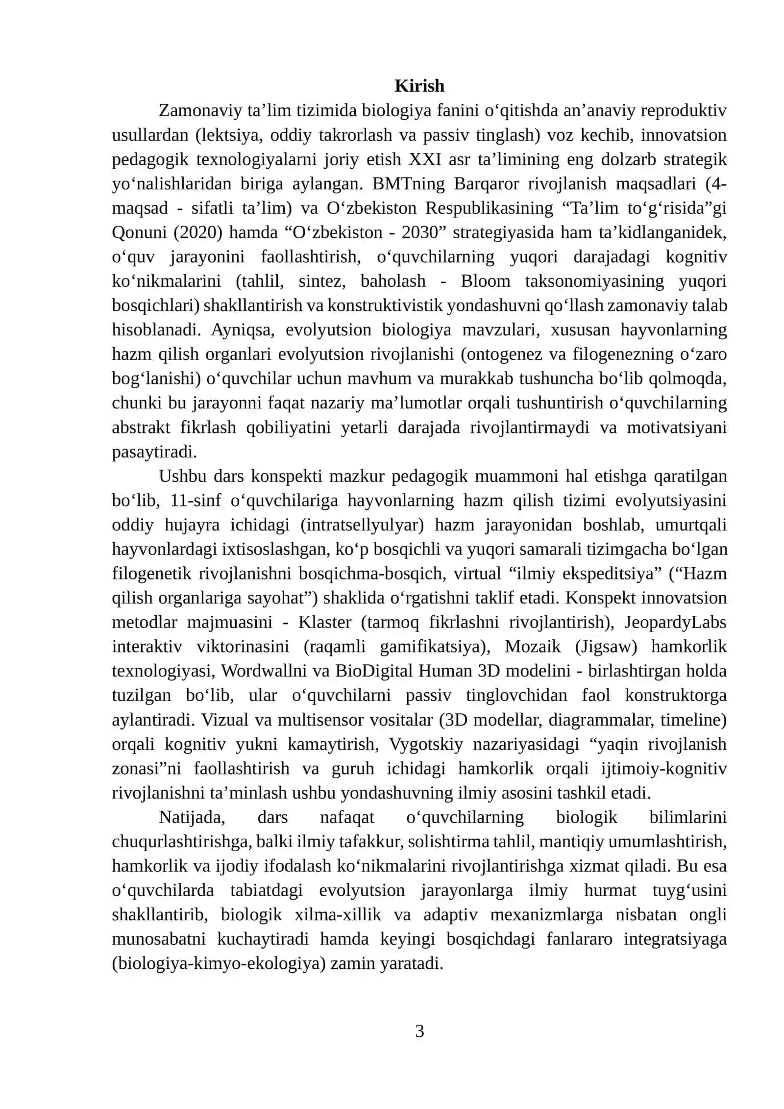 Hayvonlarning hazm qilish organlari evolyutsiyasi mavzusini o‘qitishda innovatsion metodlar.mikrodars ishlanmasi 3