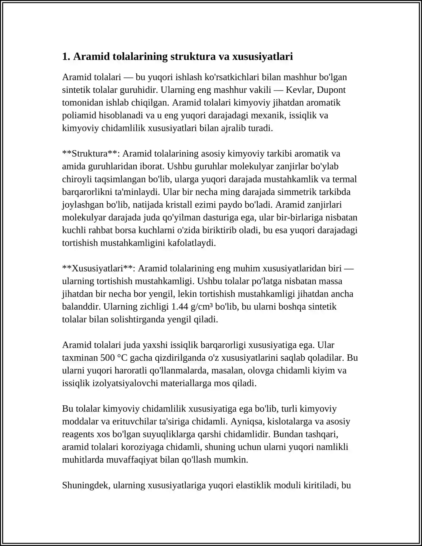 ARAMID TOLALAR VA ULAR ASOSIDAGI KOMPOZIT MATERIALLAR.POLIMER NANOKOMPOZITLAR 3