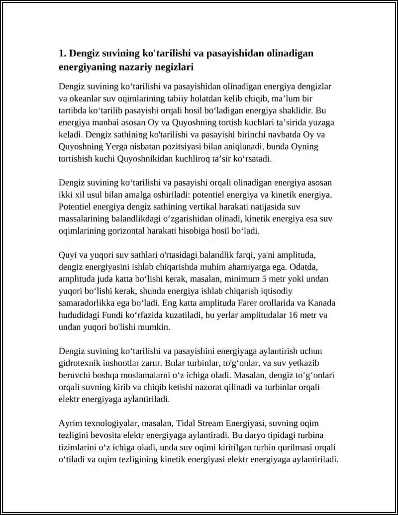 Dengiz Suvining Ko'tarilishi va Pasayishidan Hosil Bo'laigan Energiya Zaxiralari va Boshqa Energiya Zaxiralari 3