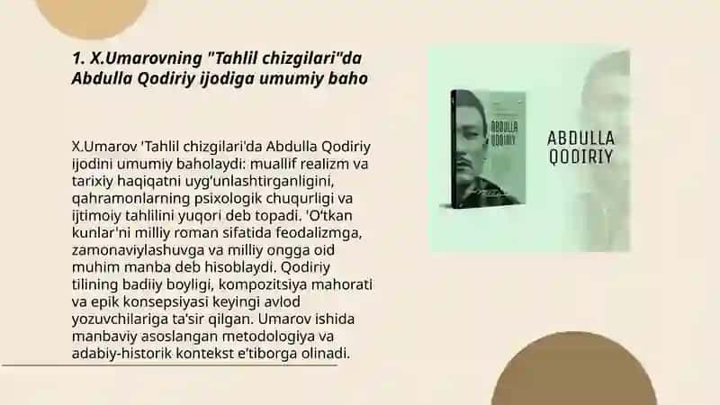 "Tahlil chizgilari" kitobidan "Abdulla Qodiriy ijodi va Oʻtkan kunlar" badiiyati"ining yoritilishi" 3