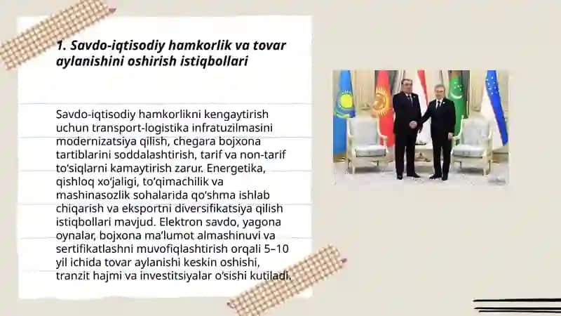 Oʻzbekistonning Markaziy Osiyo davlatlari bilan oʻzaro hamkorlik aloqalari 3