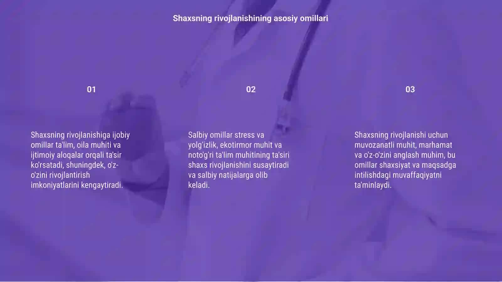 Shaxsning rivojlanishiga ta'sir qiladigan ijobiy va salbiy omillar 3