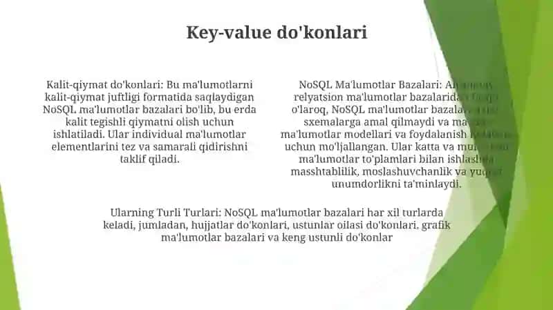 NoSQL ma'lumotlar bazalari va ularning turli turlari 3