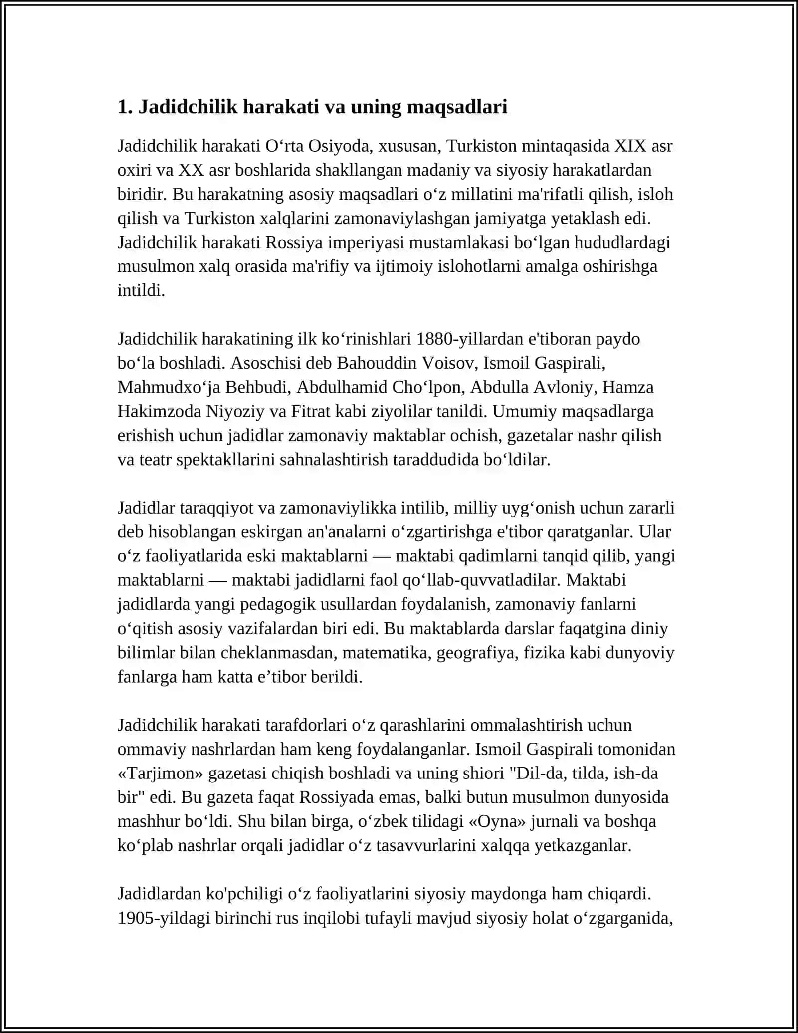 JADID MARIFATPARVARLARINING O'LKA IJTIMOIY-MA'NAVIY HAYOTIDA TUTGAN O'RNI( MUNAVVAR QORI, FITRAT, BEHBUDIY, AVLONIY VA BOSHQALAR) 3