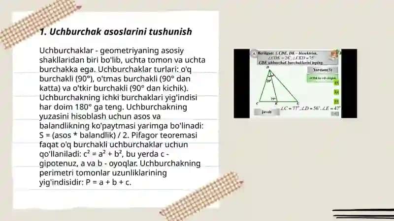 Ikki tomoni va ular orasidagi burchagi bo'yicha uchburchak yasash 3