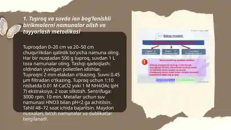 Tuproq suvning ifloslanishida ion bogʻlanishli birikmalarni aniqlab ulardan tozalash gʻoyasini ishlab chiqish 3