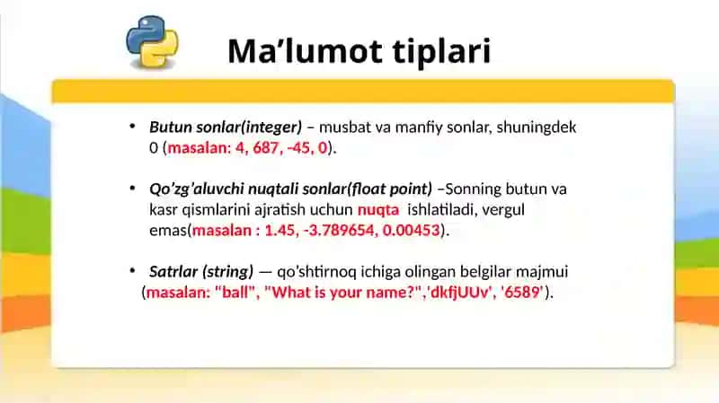 Operatorlar va ma'lumot turlari 3