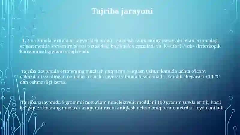 Noelektrolitik moddalar eritmalarning muzlash haroratini oʻrganish 3