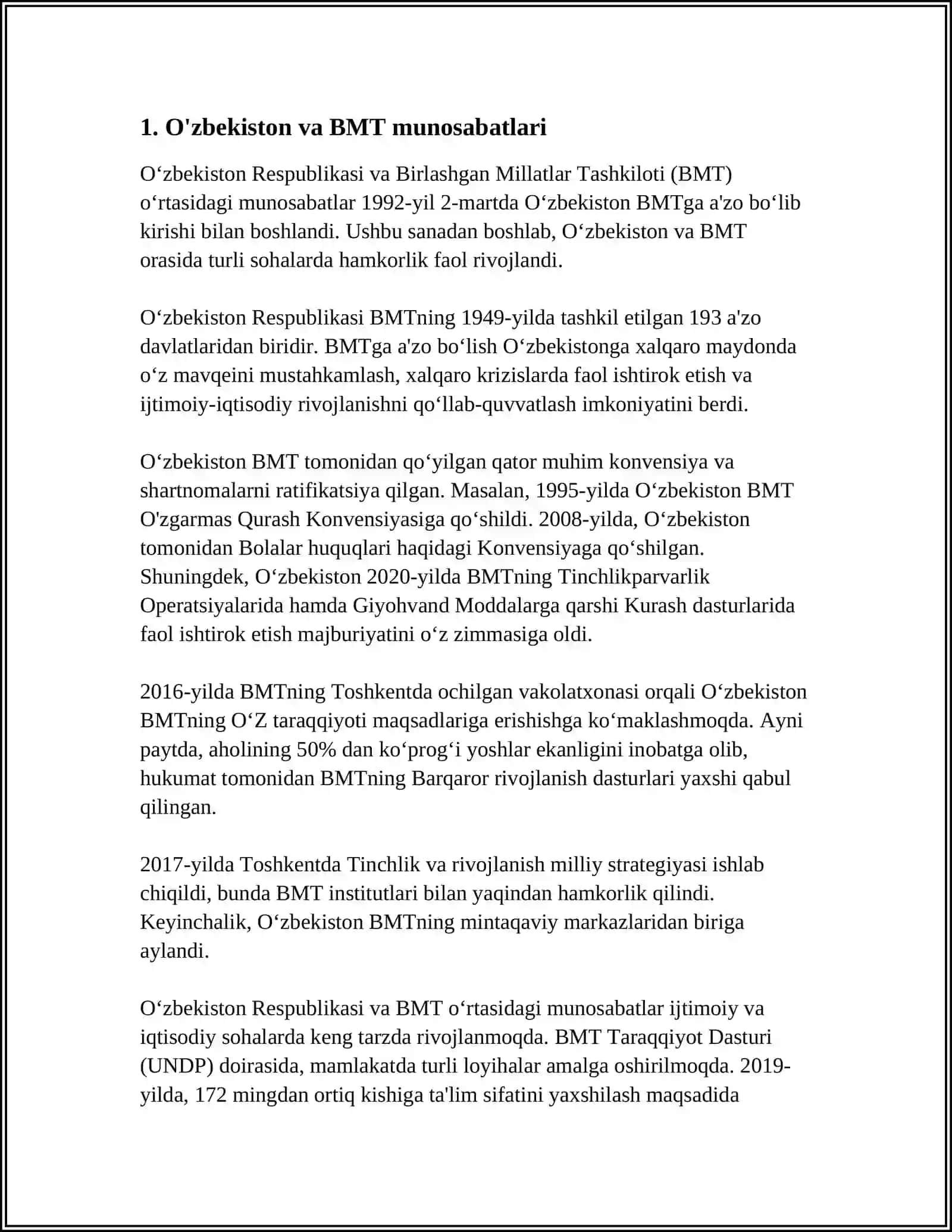 O‘zbekistonning Xalqaro Tashkilotlar Bilan Hamkorlik Aloqalari 3