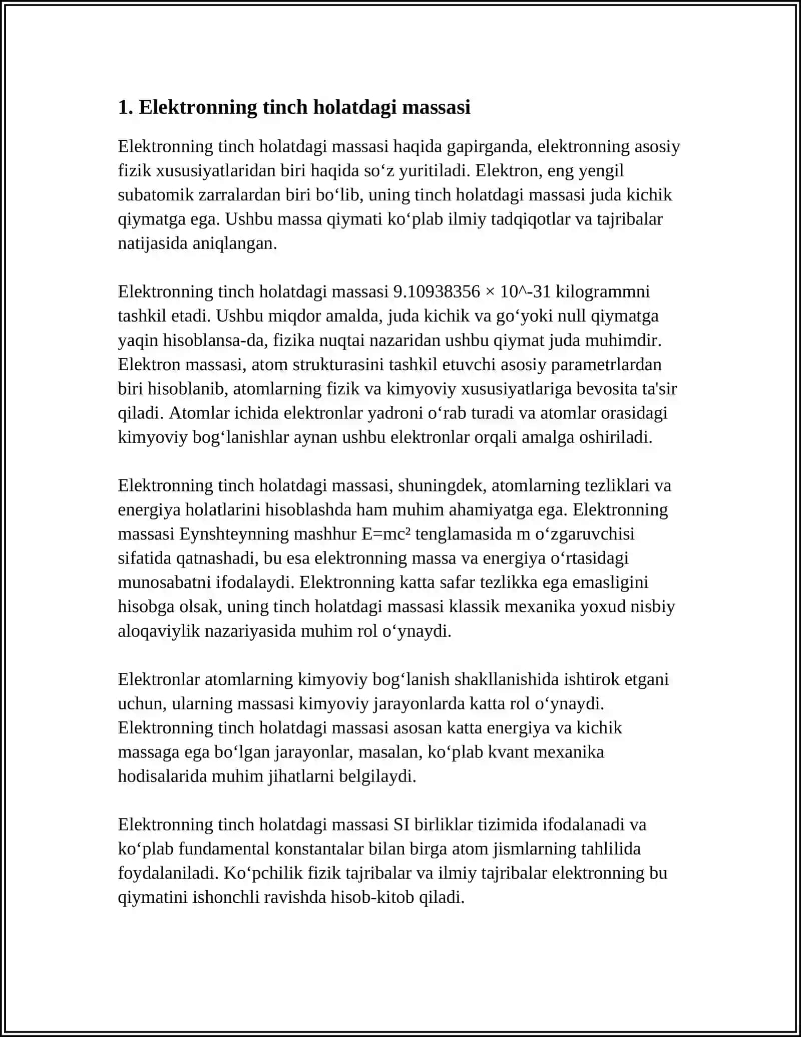 ELEKTRONNING TINCH HOLATDAGI MASSASI VA ENERGIYASI 3