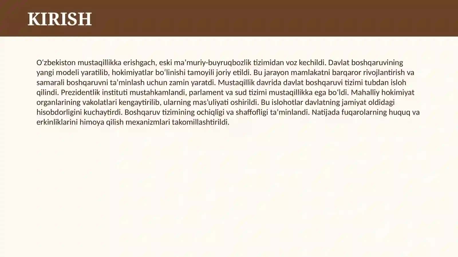 MUSTAQILLIK YILLARIDA DAVLAT BOSHQARUVI TIZIMIDA AMALGA OSHIRILGAN ISLOHOTLAR 3