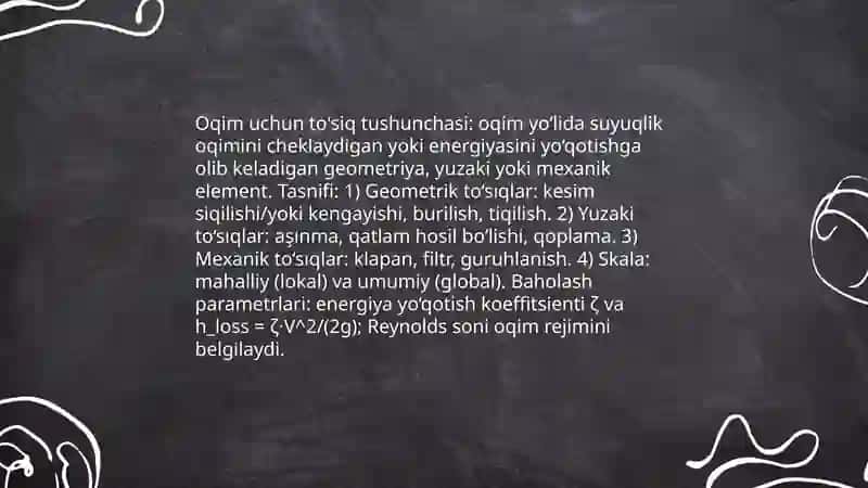 Oqim uchun to'siglar. Mahalliy ogim to'siglari. Qurilmadagi suyugliklar harakati paytida bosimning yo'golishi юсуфова мухлиса 3
