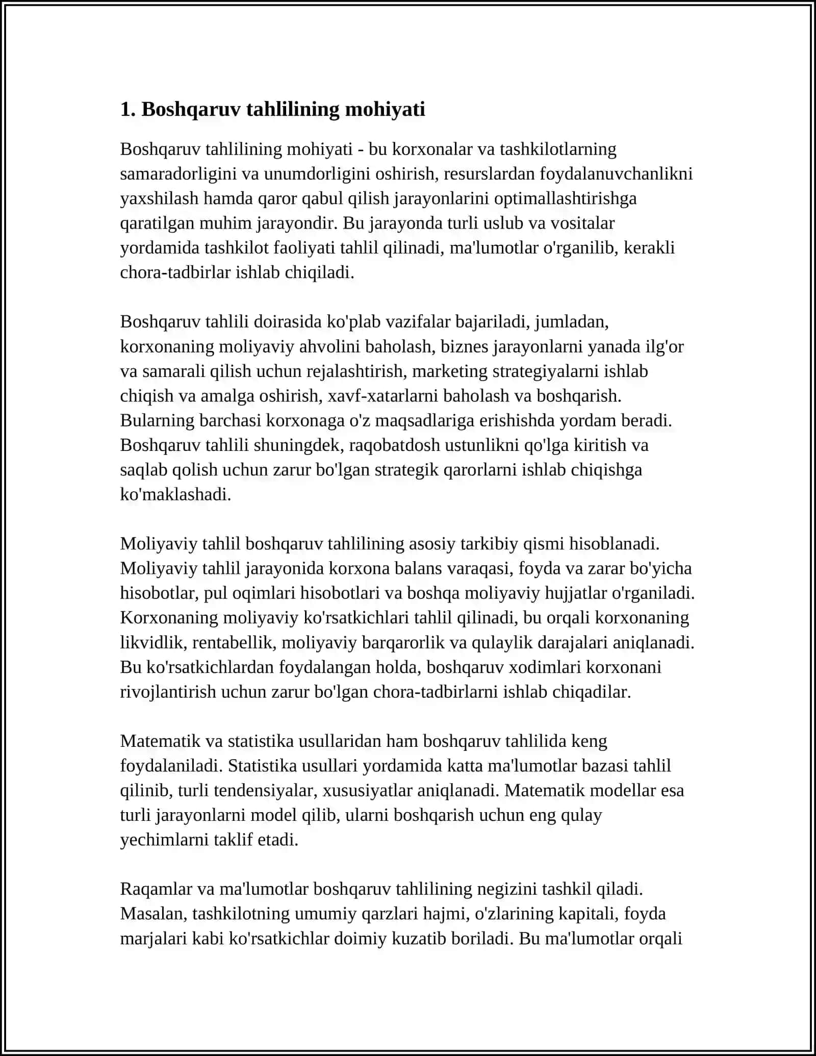 BOSHQARUV TAHLILINING MOHIYATI, MAQSADI, VAZIFALARI, PREDMETI VA OBEKTI 3