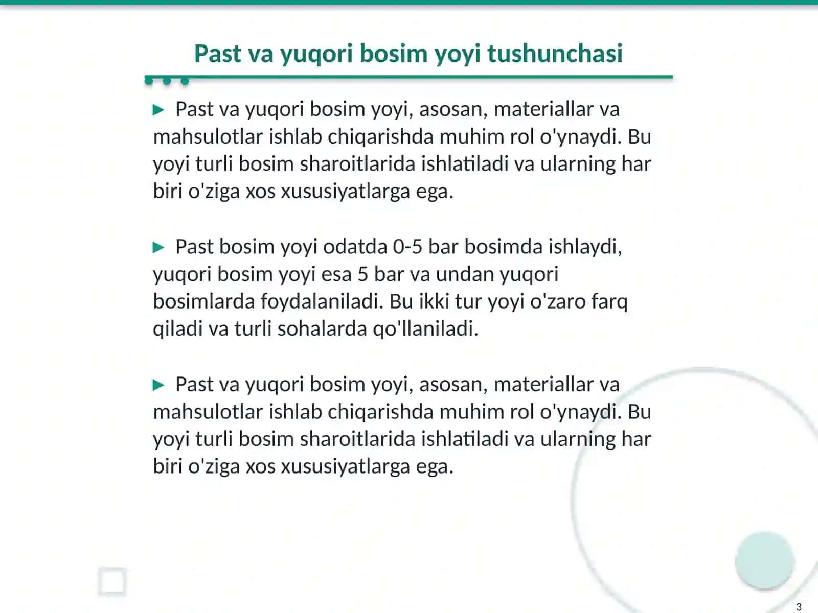Past va yuqori bosim yoyi 3