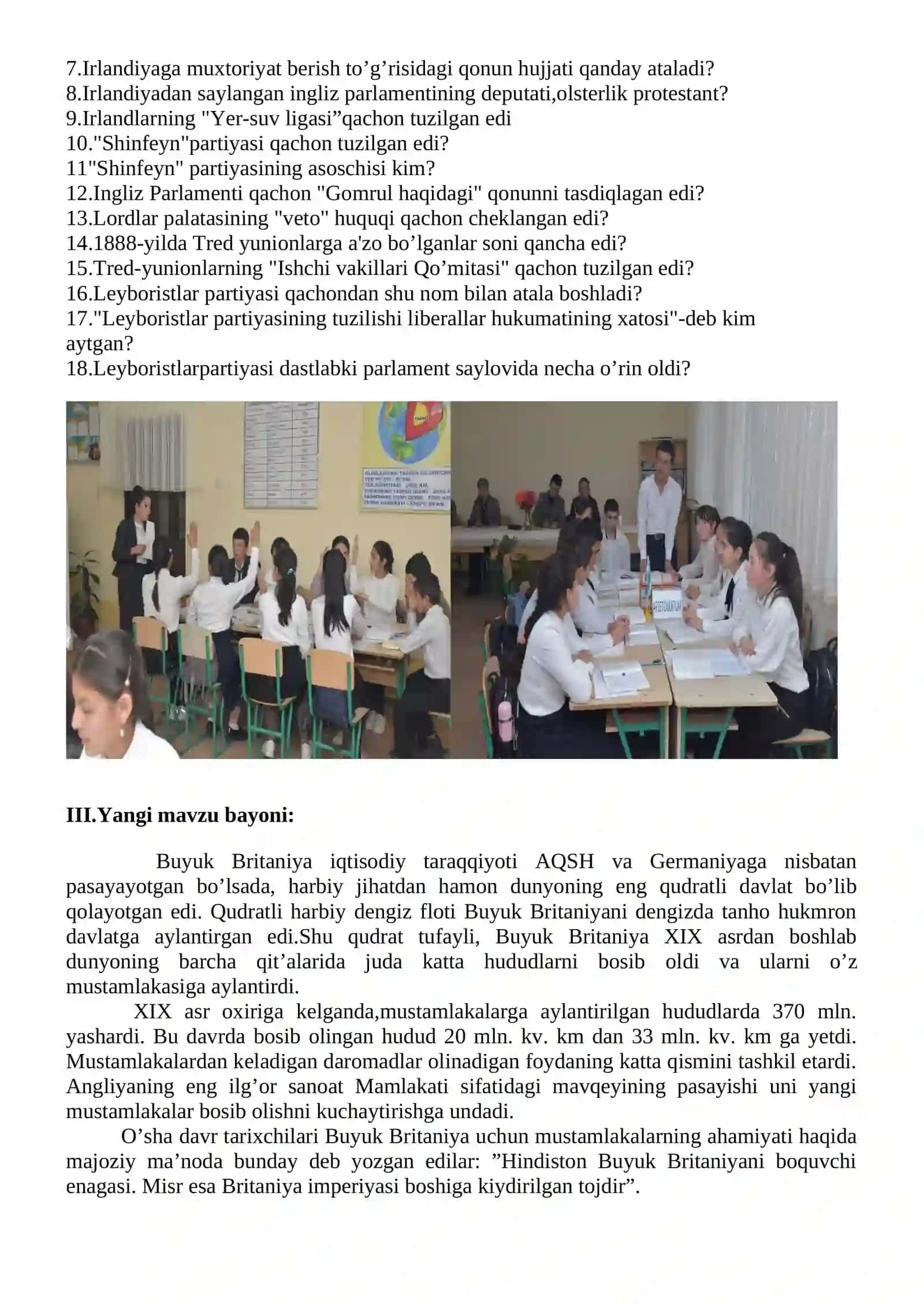 9-sinf Jahon tarixi fanidan ochiq dars ishlanma. Buyuk Britaniyaning tashqi siyosati 3