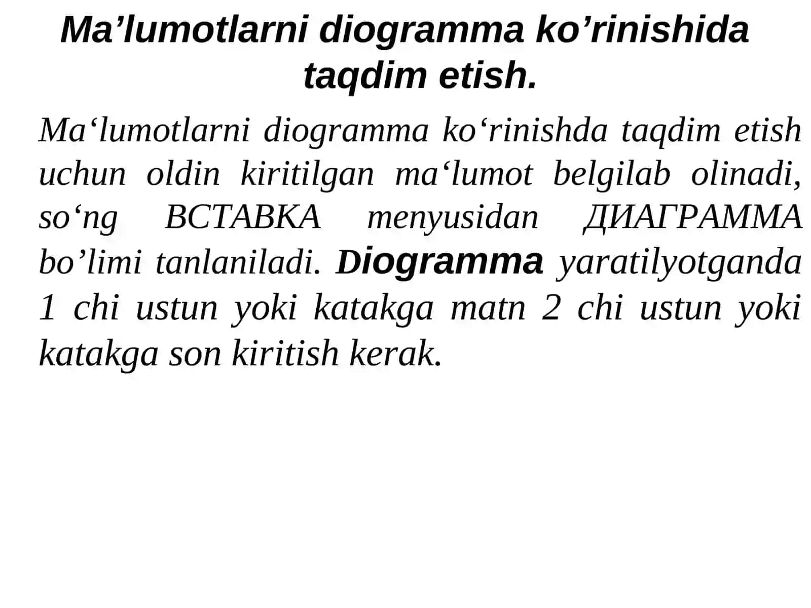Matn kiritish va tahrir qilish. Ma’lumotlarni diogramma ko’rinishida taqdim etish. MS Excel electron jadvalida kataklarga formulalar kiritish. MS Excelning standart funksiyalaridan foydalanish 3