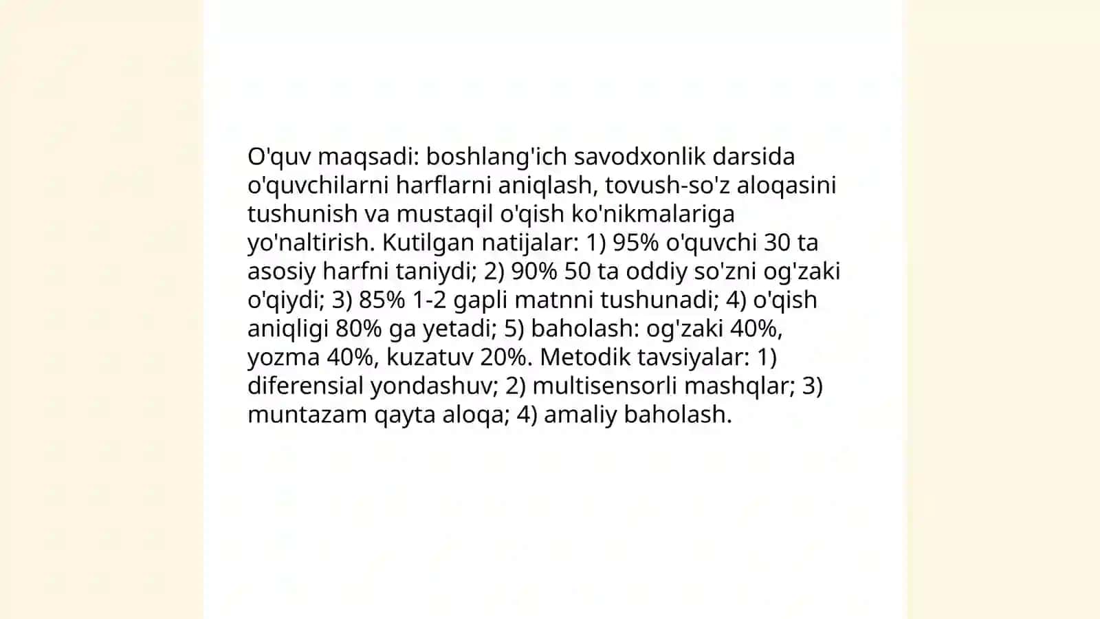 Savod órgatishning asosiy davri óqish darsim uchun metodik tavsiyalar ishlab chiqish 3