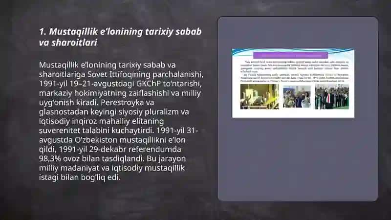 Mustaqil Oʻzbekiston respublikasining tashkil topishining tarixiy ahamiyati 3