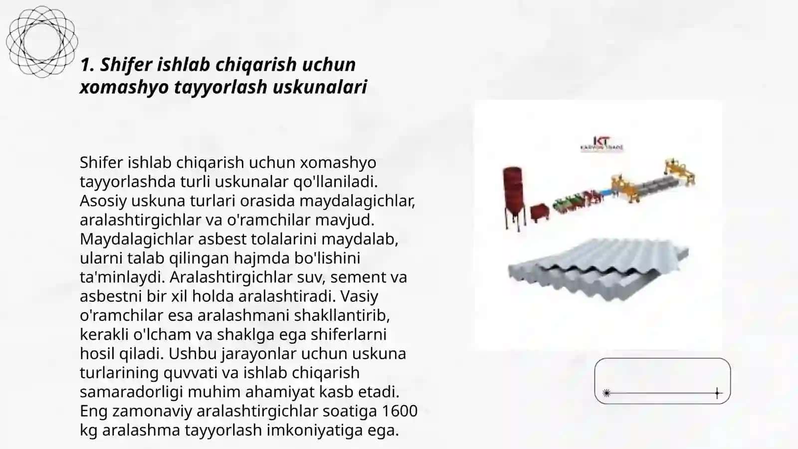 Shifer ishlab chiqarish texnologik kompleksi tarkibiga kiruvchi mashina va apparatlar xarakteristikalari bilan tanishish 3