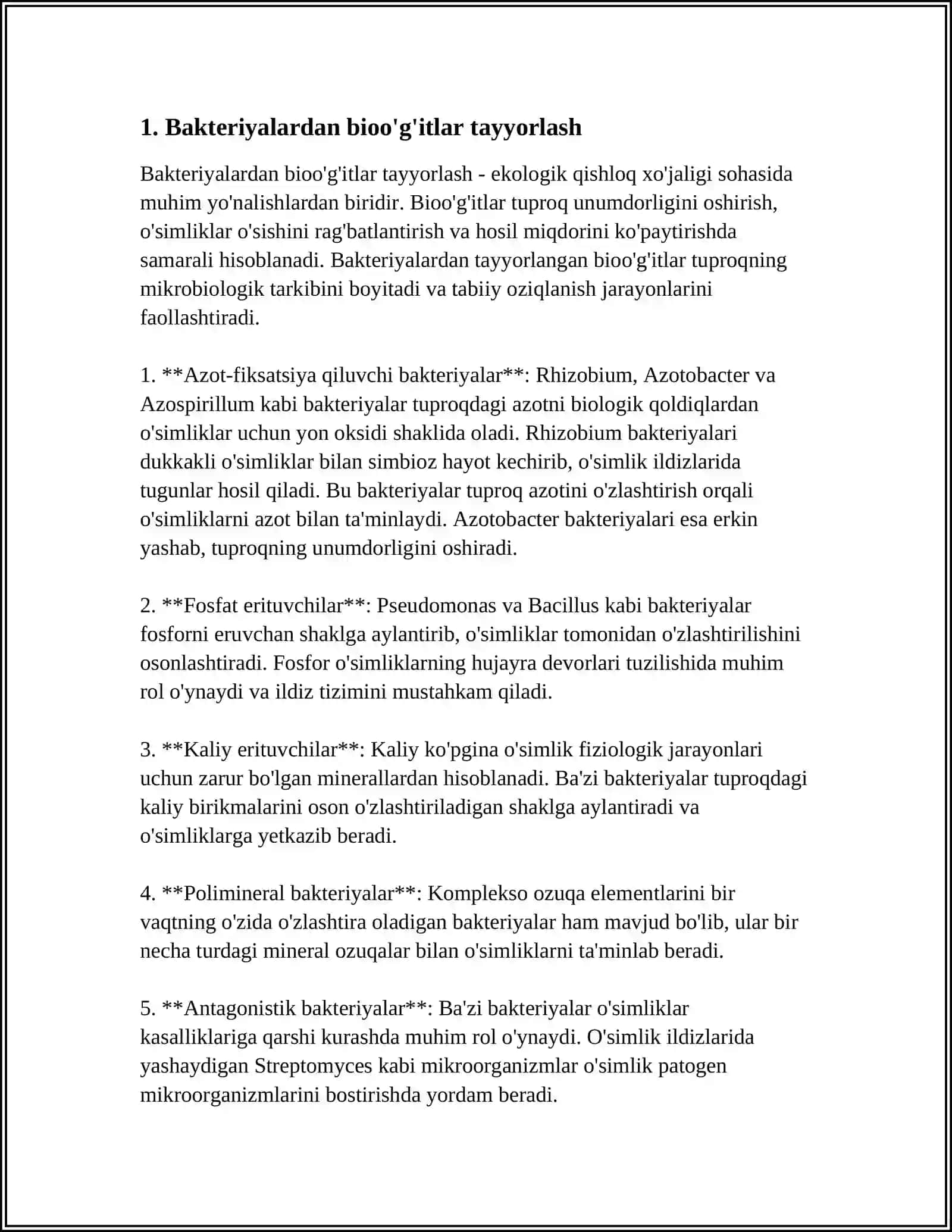 MUSTAQIL ISH Mavzu: BAKTERIYALARDAN SANOATDA VA QISHLOQ XO'JALIGIDA FOYDALANISH 3