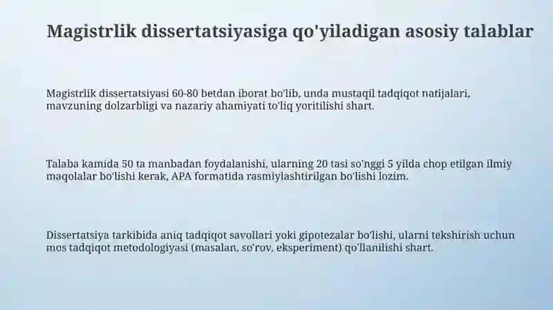 Magistrlik dissertatsiyasiga qo‘yiladian talablar 3