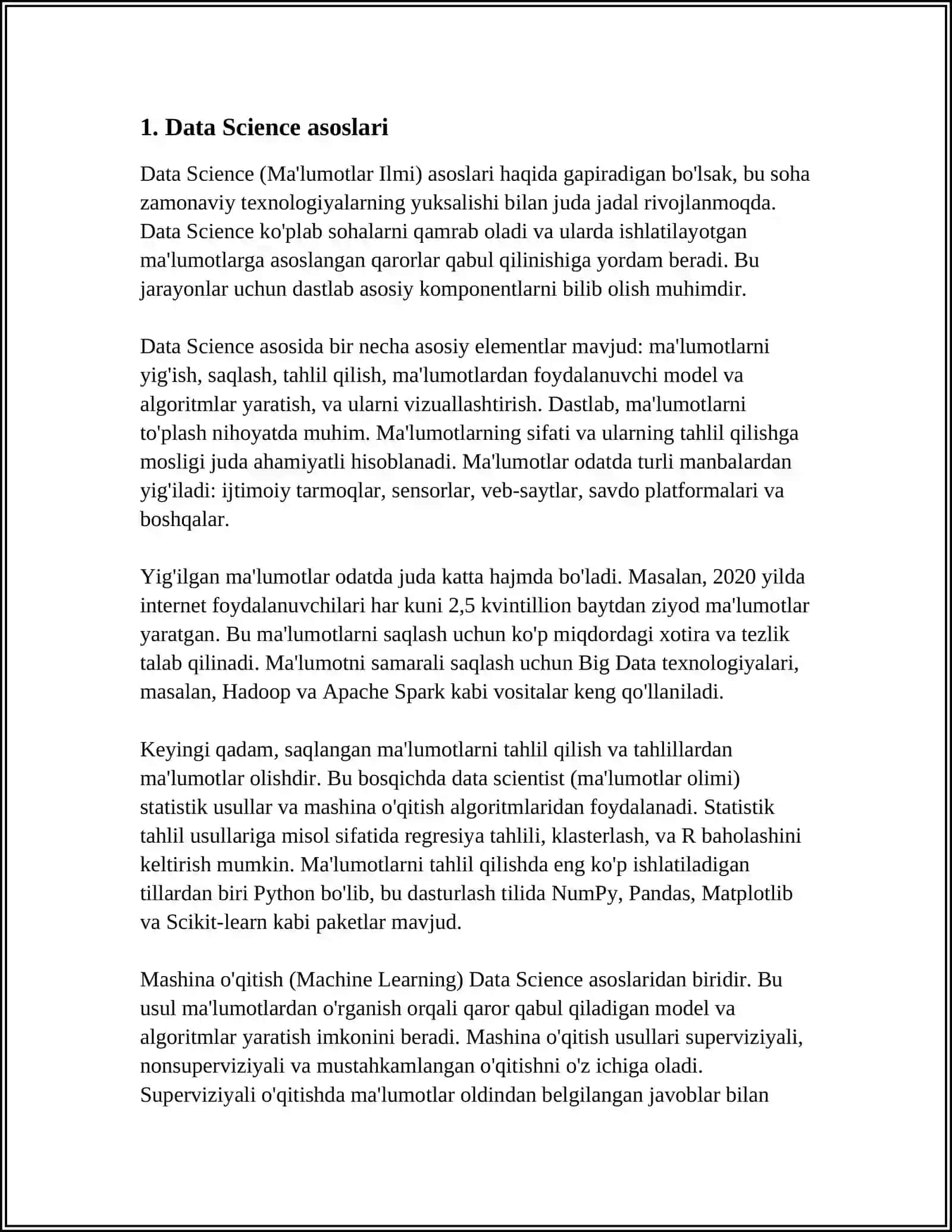 KATTA MA`LUMOTLARDA DATA SCIENCE. DATA SCIENCE JARAYONLAR 3