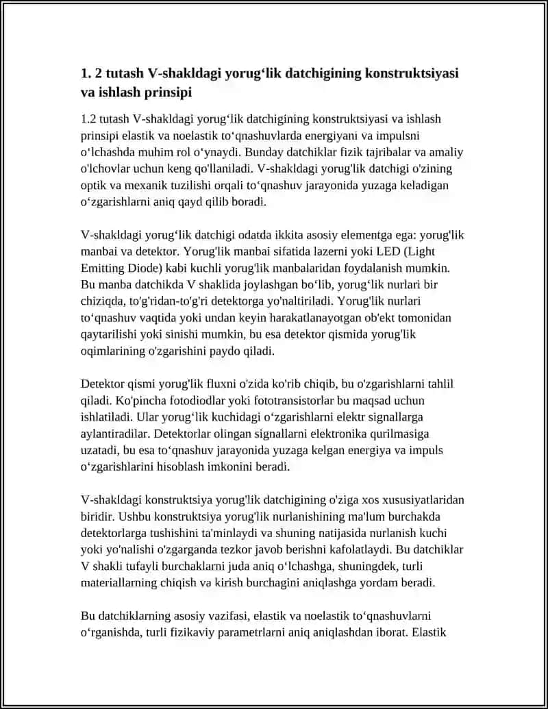 ELASTIK VA NOELASTIK TOQNASHUVLARDA ENERGIYA VA IMPULSNI 2 TUTASH V SHAKLDAGI YORUGLIK DATCHIGI YORDAMIDA OLCHASH 3