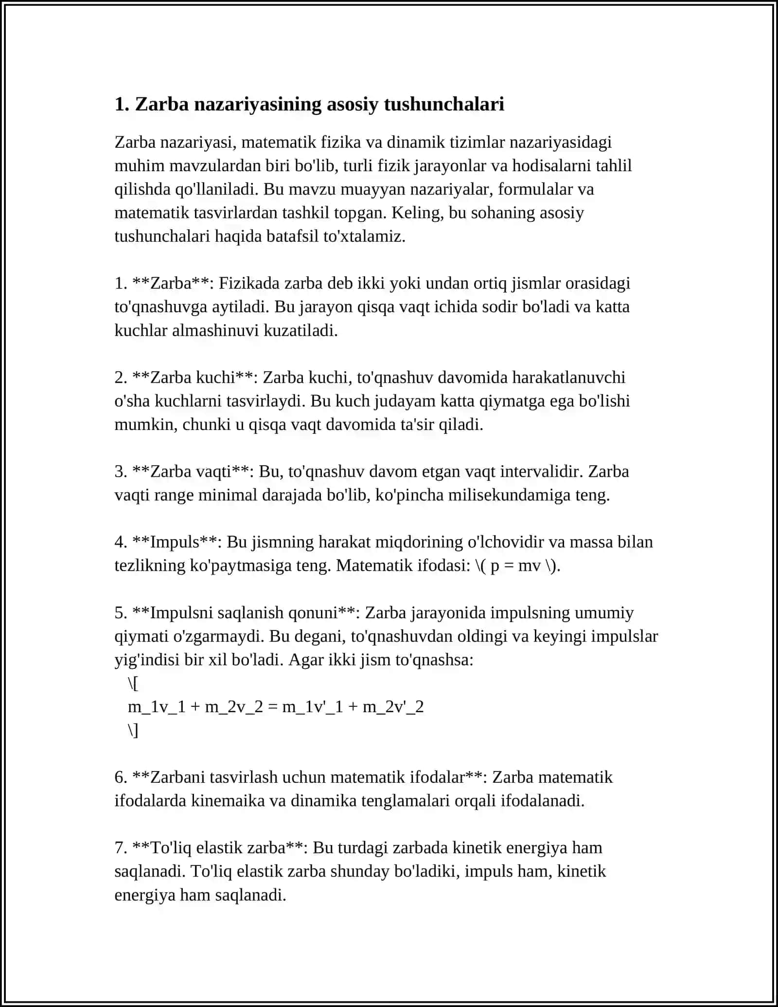 ZARBA NAZARIYASI. ZARBALI KUCHNING MODDIY NUQTAGA TA’SIRI. IKKI JISMNING MARKAZIY TO‘G‘RI ZARBASI 3