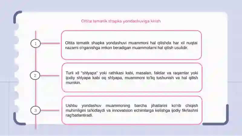 Oltita fikirlash shlyapasi yondoshuving muammolarni ijodiy hal qilish jarayonidagi roli 3