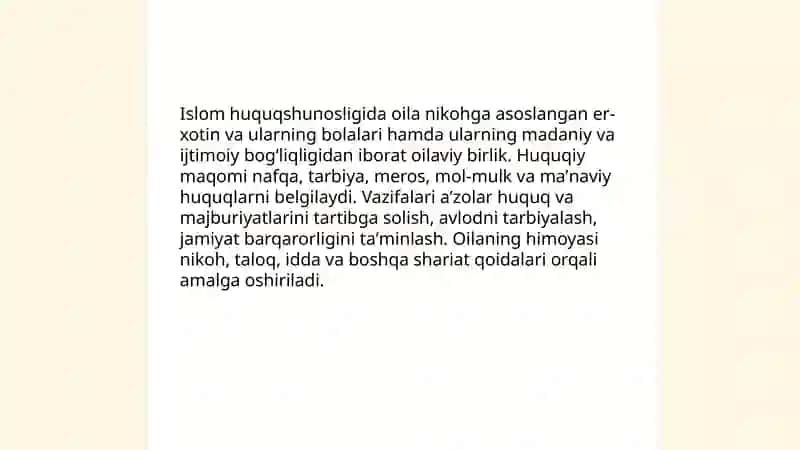 Islom huquqshunosligida oila, nikoh, taloq, idda, zihor tushunchalarini ta'riflash 3