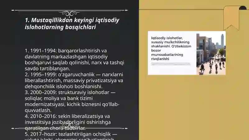 Iqtisodiy islohatlar, xususiy mulkchilikning shakllanushi. Oʻzbekistonda bozor munosabatlarining rivojlanishi 3