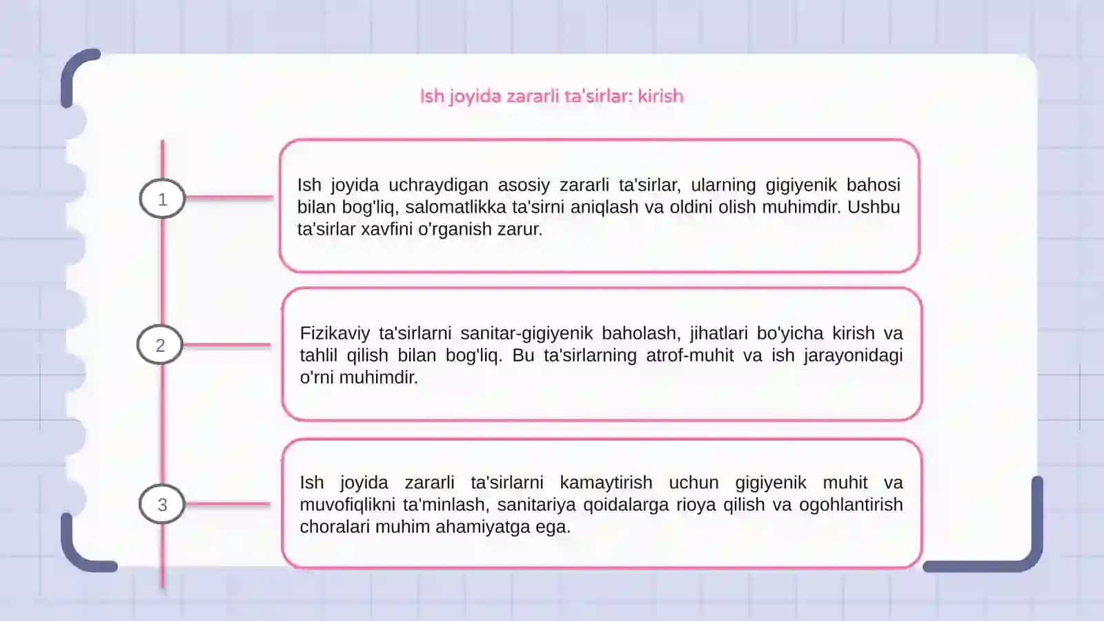 Ish joyida uchraydigan asosiy zararli ta'sirlar va ularni gigiyenik baholash 3