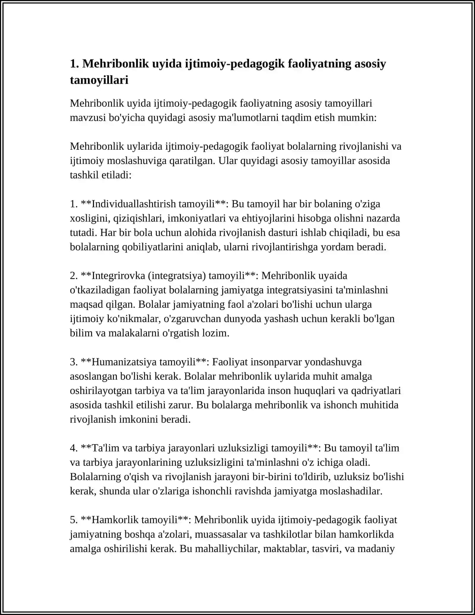 MEHRIBONLIK UYIDA(INTERNAT) IJTIMOIY-PEDAGOGIK FAOLIYAT MODELI 3