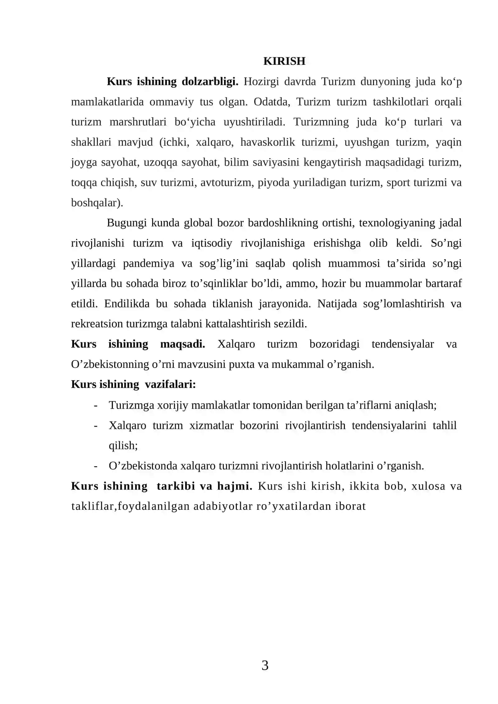 TURIZM NAZARIYA VA AMALIY FANIDAN KURS ISHI 3