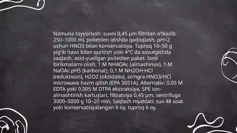 Tuproq suvning ifloslanishida ion bog`lanishli birikmalarni aniqlab ulardan tozalash gʻoyasini yaratish 3