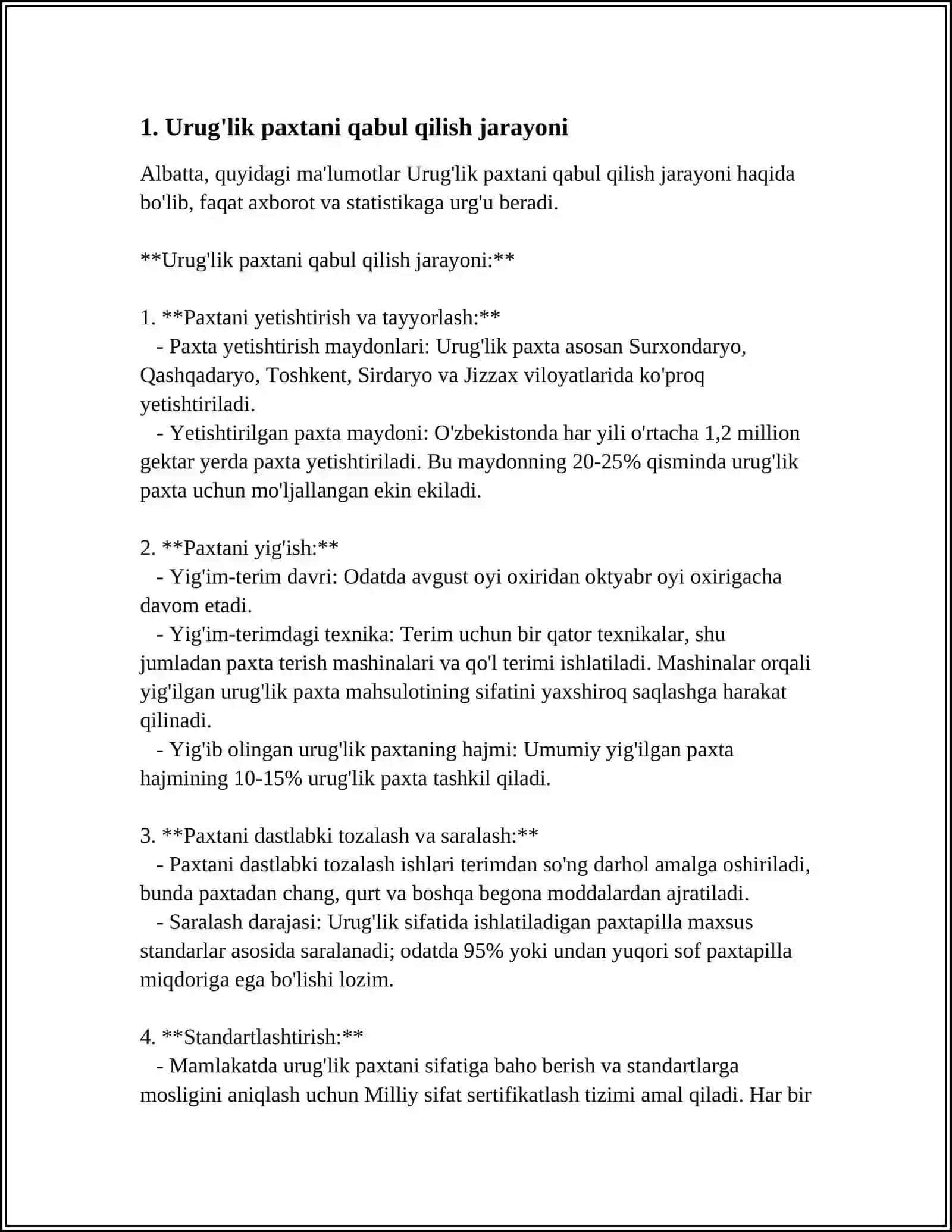 TAYYORLOV MASKANLARIDA URUG'LIK PAXTANI QABUL QILISH 3