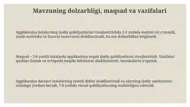 Maktabgacha taʼlim tashkilotlarida applikatsiya yasash Laylak va toʻtiqush obrazi 3
