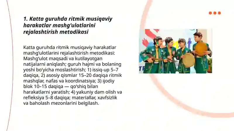 Bolalarni ritmik musiqaviy harakatlarga o'rgatish (katta guruh) 3